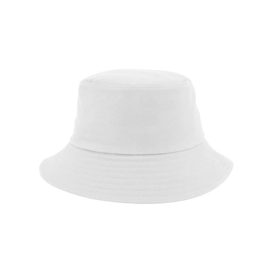 A white cotton bucket hat with a rounded top and a wide brim. It features a logo on one side.