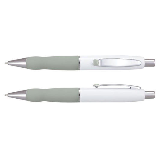 A metal pen with a white barrel and soft green grip, featuring a silver clip and accent.