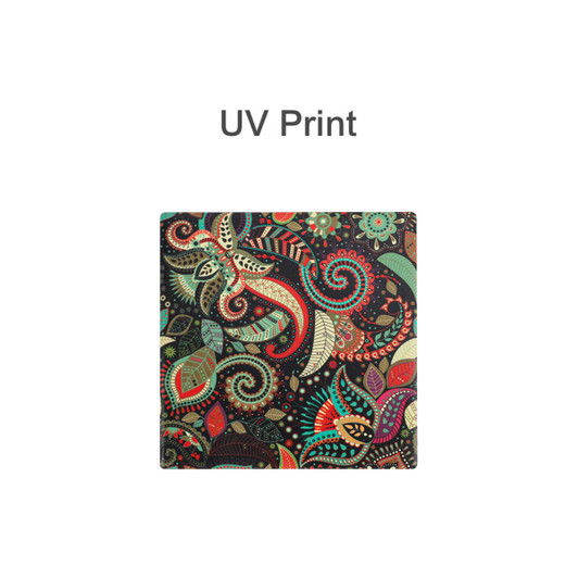 A square ceramic coaster with a colourful, intricate pattern featuring swirls and floral designs. It has a branding logo.