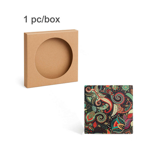 A square ceramic coaster featuring a vibrant, multi-coloured swirl pattern, displayed with its packaging box.