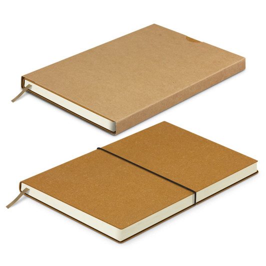 A recycled soft cover notebook in brown with a plain cover and an elastic band closure, featuring cream-coloured pages.