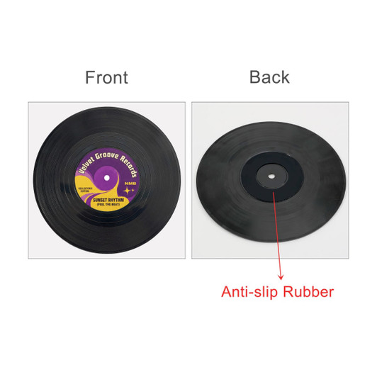 A black vinyl record coaster featuring a purple label on one side and anti-slip rubber on the reverse side.