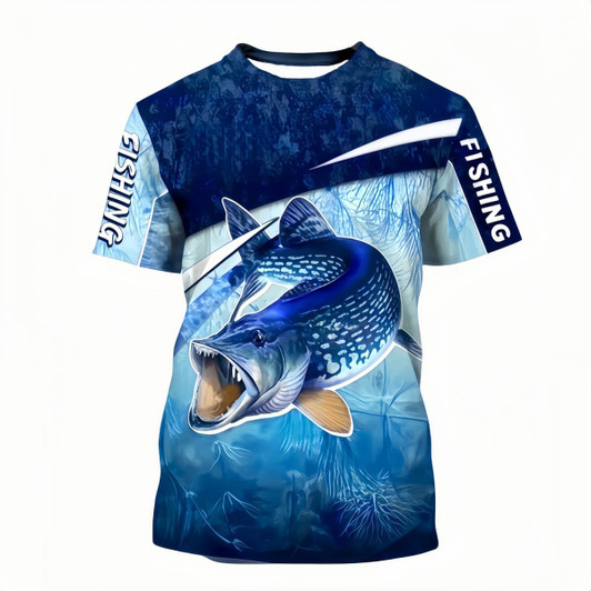 A blue and white fishing t-shirt featuring a graphic of a fish and ocean elements, with a logo on the sleeve.