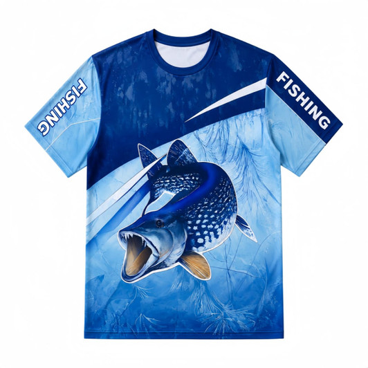 Men's ice silk fishing t-shirt in shades of blue featuring a large fish graphic and a logo on the sleeve.