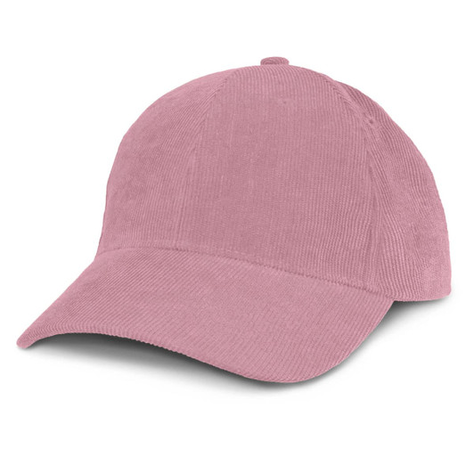 A pink corduroy cap with a curved brim and a logo on the front.