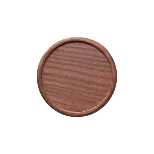 A round wooden coaster in a rich brown hue with a smooth finish and slightly raised edges.