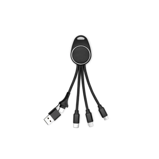 A black 6-in-1 charging cable with multiple connectors for various devices. Features a compact design and flexible cords.