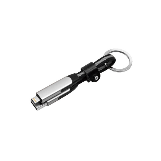 A braided charging cable with keyring, featuring silver and black colours. Includes multiple connectors for devices.