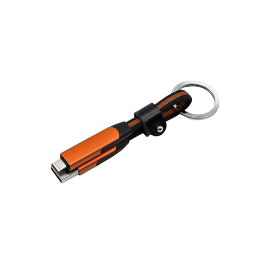 A braided charging cable in orange and black, featuring a keyring attachment for convenience.