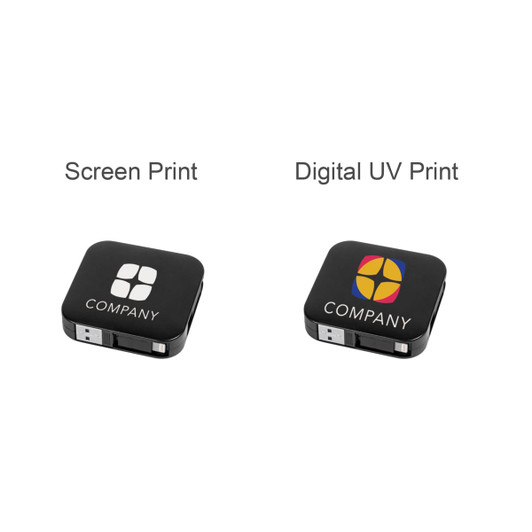 A black charging device with two USB ports, featuring different printed designs on each side.