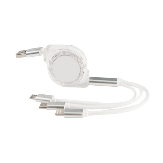 A retractable charging cable in clear and silver, featuring multiple connectors for various devices.