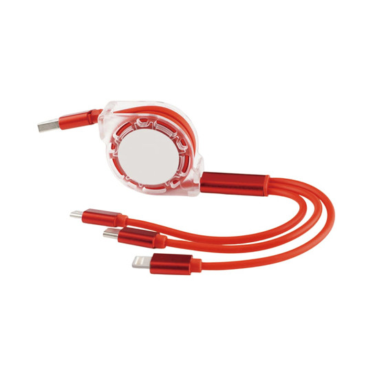 A retractable charging cable in red and clear, featuring three different connectors and a round casing.