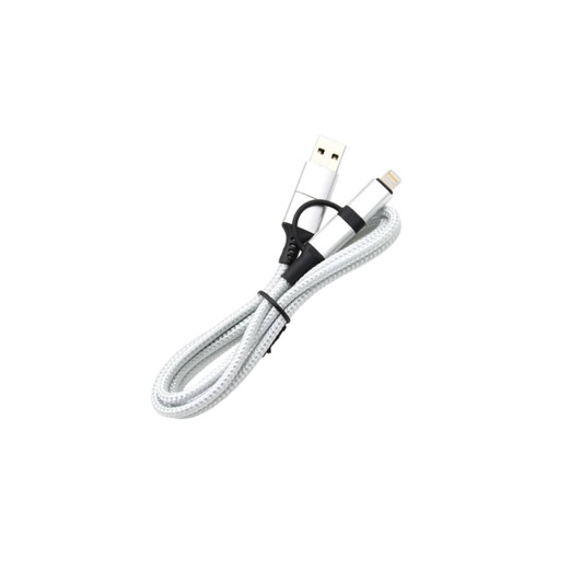 A braided charging cable in silver, featuring USB and Lightning connectors, with a black rubber tie for organisation.