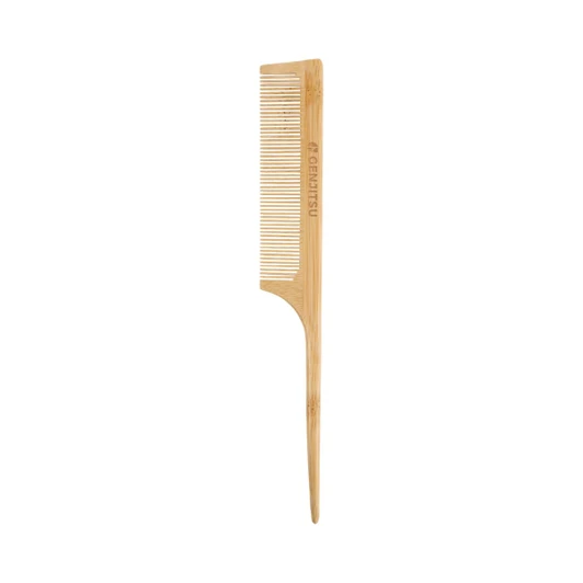 A bamboo rat tail comb with a pointed end and fine and wide teeth, featuring a branding logo.