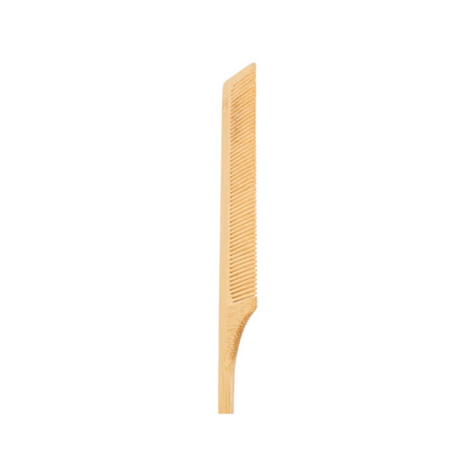 A bamboo rat tail comb in a light natural wood colour with fine teeth and a tapered end. It has a simple design.