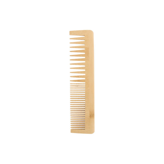 A bamboo comb with wide and narrow teeth, featuring a natural wood finish and a smooth design.