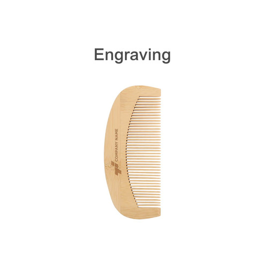 A bamboo small comb with fine and wide teeth, featuring a logo or branding on the side.
