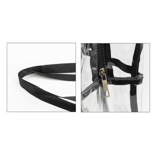 A clear tote handbag with black trim, featuring a zip closure and black straps. There's a logo visible.