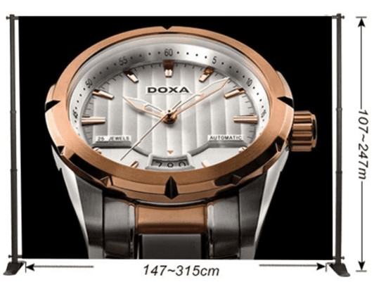 An adjustable media wall featuring a close-up of a watch with a silver and rose gold design. It includes a brand logo.