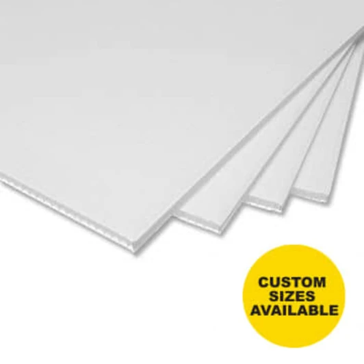 Four white Corflute signs stacked together, with a circular yellow tag indicating custom sizes are available.