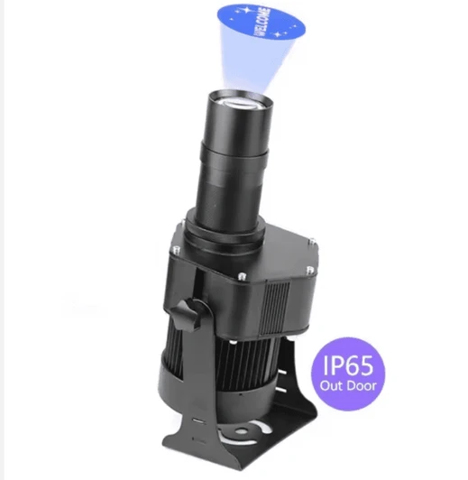 A black projector signage device with a lens, designed for outdoor use, features an IP65 rating and a mounting bracket.