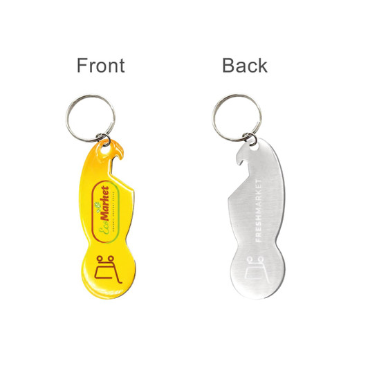 A drink bottle opener keyring in a custom shape featuring yellow and silver colours with a logo on the front.
