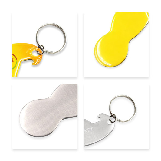 A drink bottle opener keyring in yellow and silver with a keyring attachment and a simple design.