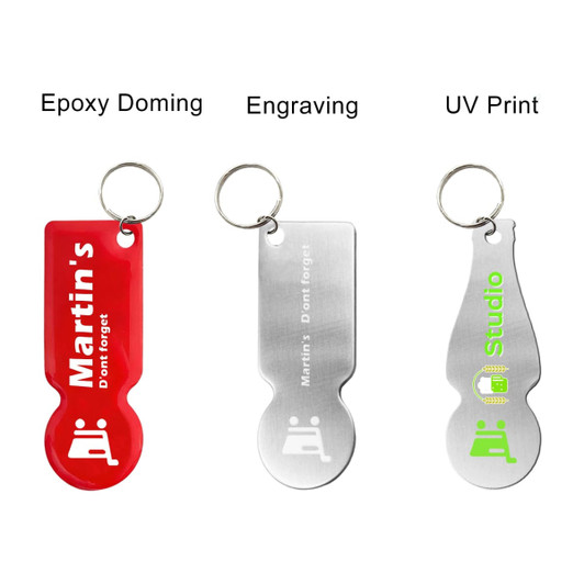 A set of custom shape trolley coin keyrings in red and silver, featuring different finishes and a keyring attachment.