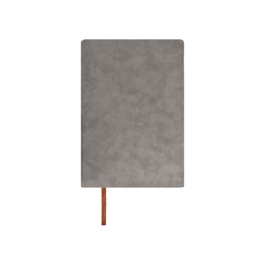 A grey PU leather notebook with a brown elastic band at the side, featuring a smooth texture and a branded logo.