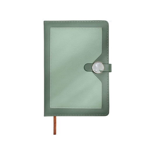 A green magnetic buckle pocket notebook with a smooth finish and a decorative button closure. It has a logo on the cover.