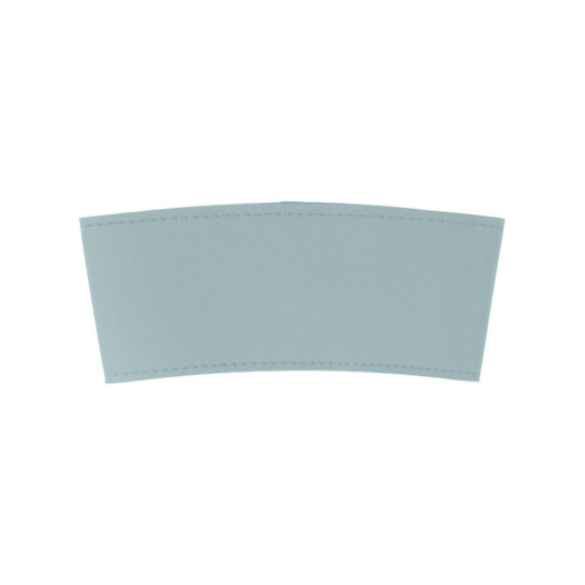 A leather cup sleeve in a light blue colour, featuring stitched edges and a smooth finish. It has a logo.