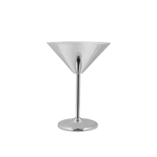 A stainless steel martini goblet with a polished silver finish and a sleek, tapered design.
