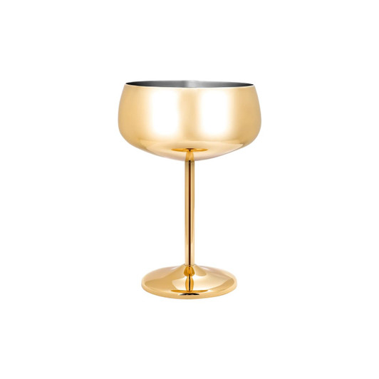A stainless steel cocktail coupe in a shiny gold finish, featuring a tall stem and round base.