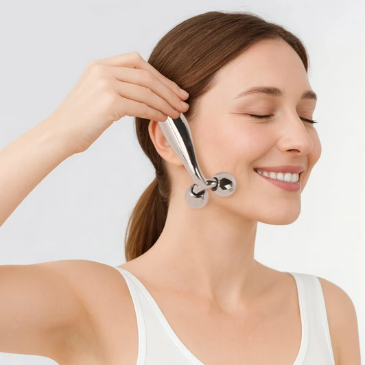 A facial roller in silver, being used by a woman with long brown hair, promoting skincare and beauty.