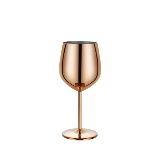 A stainless steel wine goblet in rose gold with a sleek, reflective finish and a sturdy base.