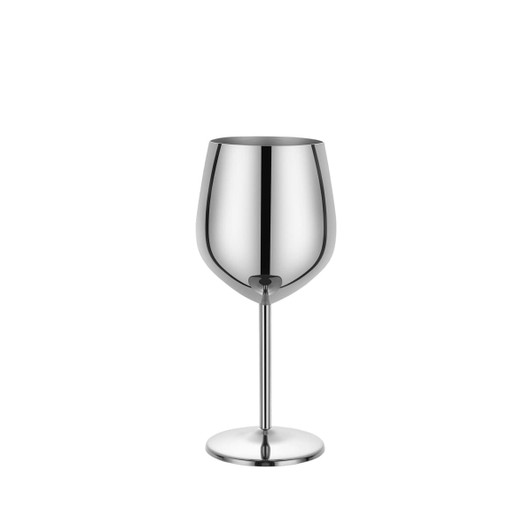 A stainless steel wine goblet with a shiny, reflective finish and a thin stem, standing on a circular base.