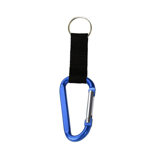 A blue carabiner keychain with a black fabric strap and a silver attachment. Features a logo on the strap.