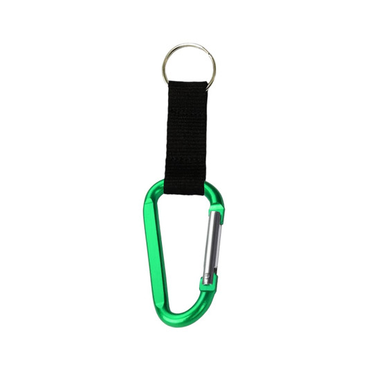 A green carabiner keychain with a black strap and a metal ring attachment. Features a logo.