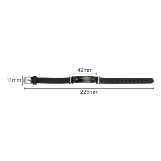 An engraved black bracelet with dimensions of 225mm length, 42mm width, and 11mm depth. It features a logo.