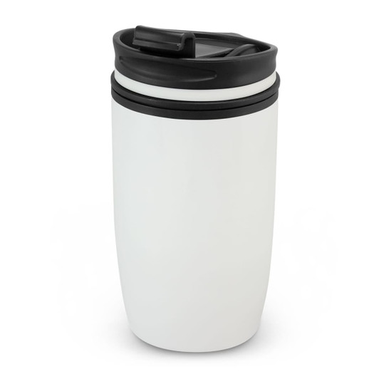 A double wall cup in white with a black lid, featuring a sleek design and a branding logo.