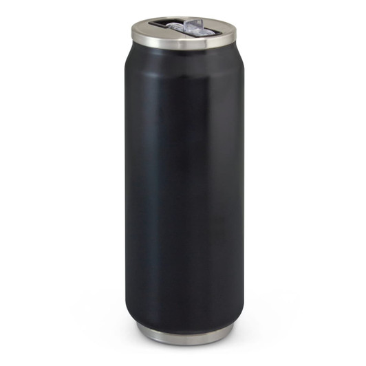 A drink bottle in matte black with a metallic silver lid and a drinking opening at the top. Features a logo.