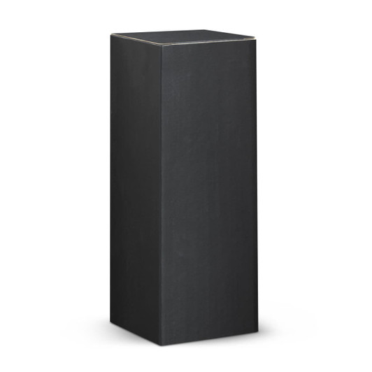 A tall, black box with a smooth finish, featuring a simple design and no visible branding.