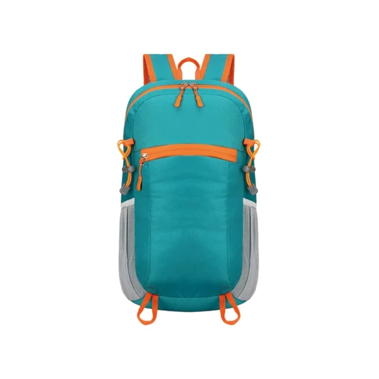 A packable hiking backpack in teal with orange accents and mesh side pockets, featuring zippers and attachment points.