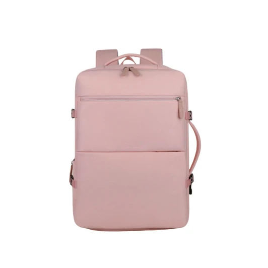 A pink expandable travel backpack with multiple zippered compartments and adjustable straps. It features a logo on the front.