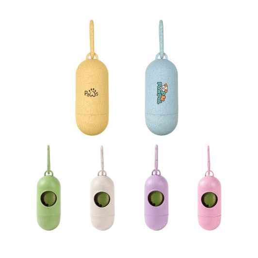 An eco-friendly pet wastebag dispenser is displayed in yellow, blue, green, and pink, featuring a logo on some.