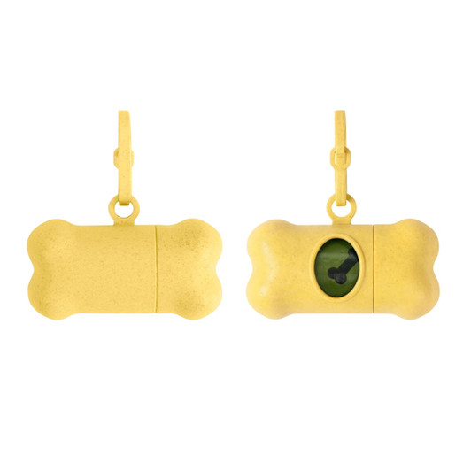 A yellow bone-shaped pet wastebag dispenser featuring a clip and a circular opening. It has a branding logo.