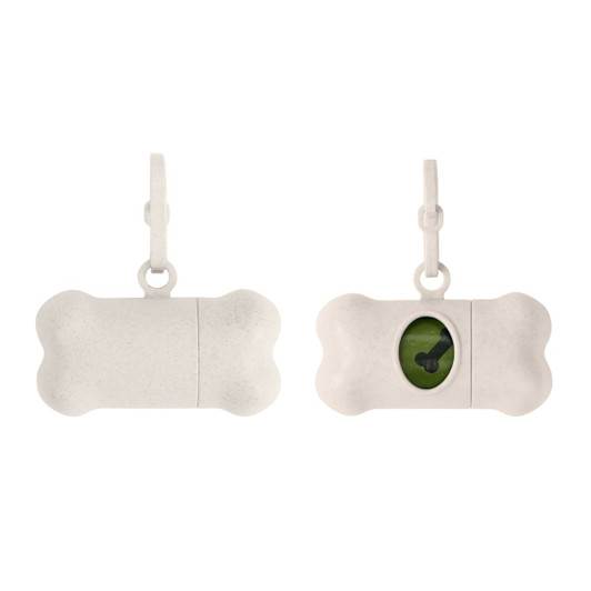 A bone-shaped pet waste bag dispenser in white with a green opening, featuring a clip for attachment and a logo.