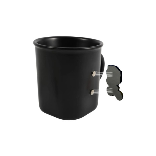 A black ceramic coffee mug with a sleek design and two magnetic attachments on the side. It features a logo.