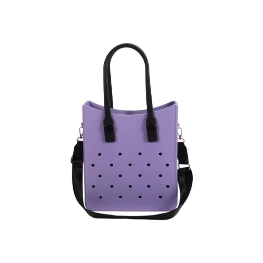 A purple EVA tote bag with black handles and holes for ventilation, featuring an adjustable black shoulder strap.