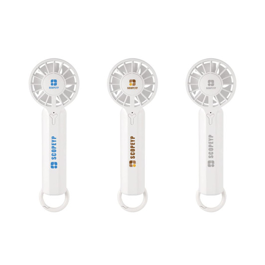 A portable handheld fan in white with three different coloured accents: blue, bronze, and orange. Features a branding logo.